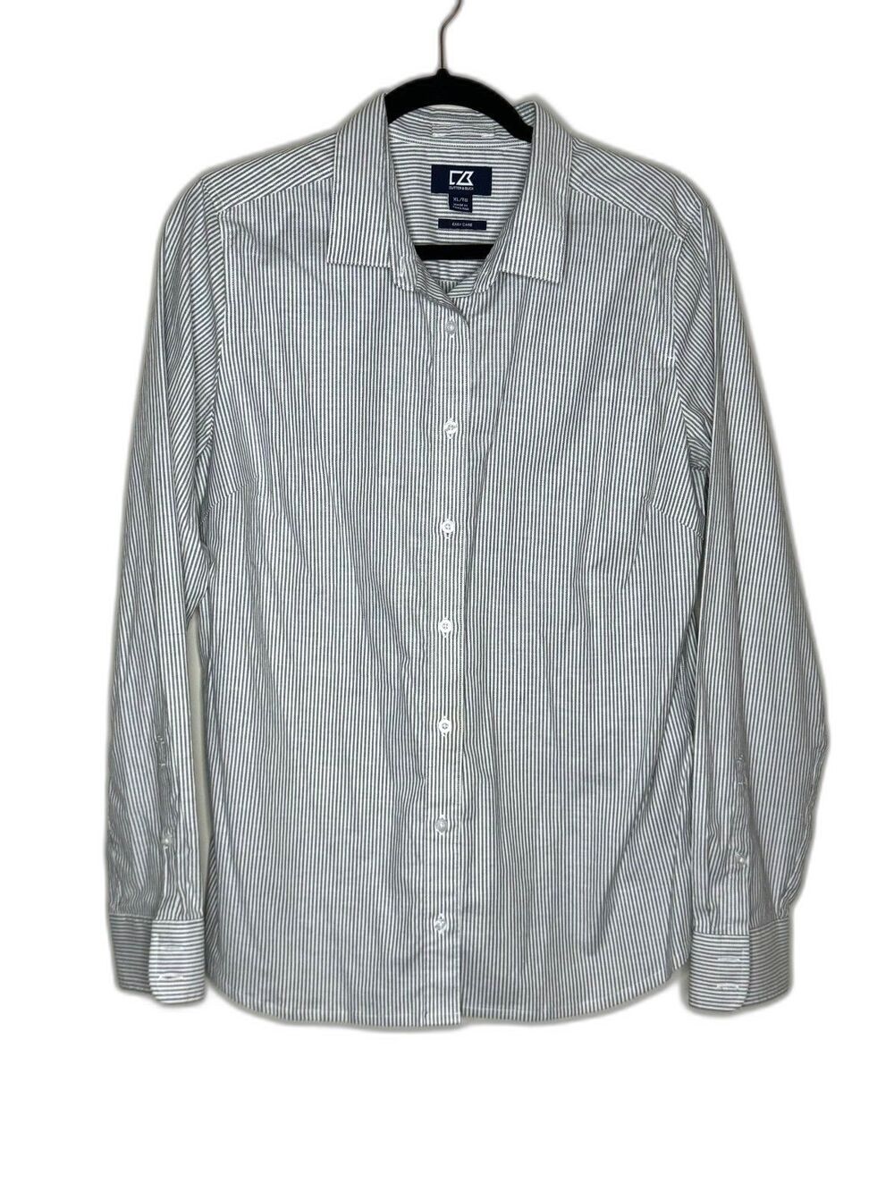 Cutter & Buck Stretch Button Down Shirt Gray White Micro Stripe Womens XL (LG) - Picture 2 of 6